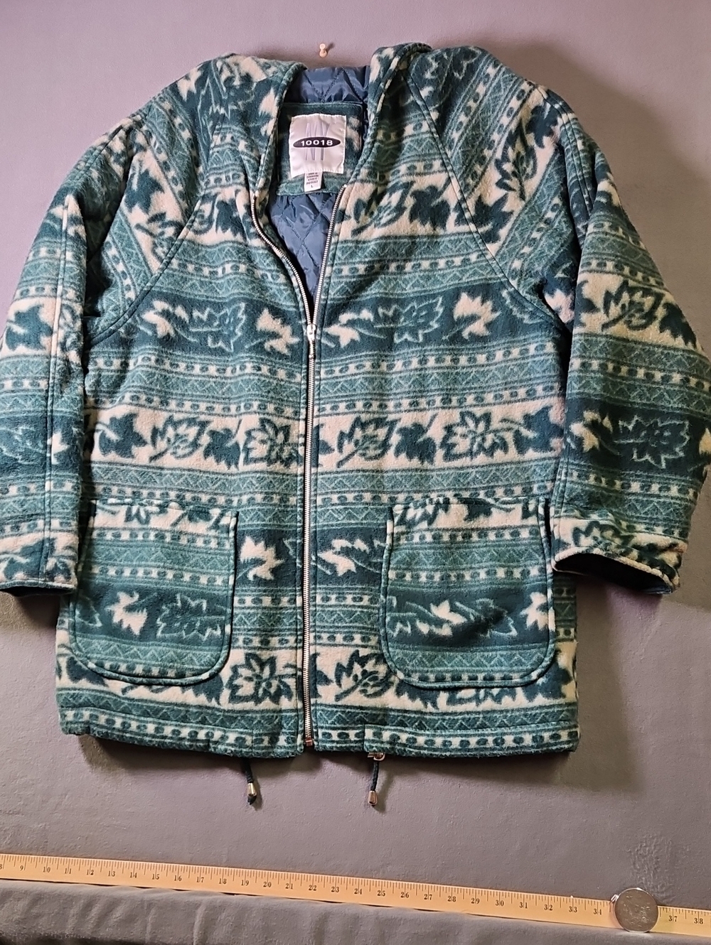 Vintage 90s NY 10018 Green Aztec Fleece Hoodie Jacket Full Zip L Gorpcore